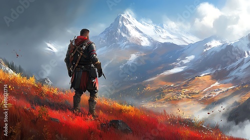 Lone Traveler with Autumn Mountain View.