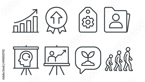 Line style icons of personal growth: progress icon, upward arrow badge, new skill tag, personal improvement file, self-reflection board, learning chart, growth mindset bubble, evolution symbol.