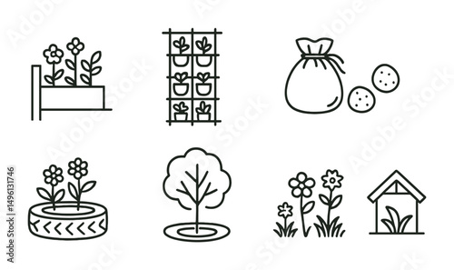 Line style icons of micro-greening efforts: sidewalk planter, mini herb wall, seed bomb pouch, planter box on balcony, reused tire pot, public tree ring, native flower patch, tiny shade shelter.