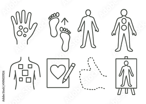 Line style icons of body-tracing creativity: hand outline to decorate, feet and direction sketch, full-body silhouette for art, body map with emotion zones, torso with symbols panel, heart-centered