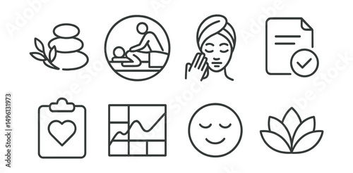 Line style icons of wellness and relaxation: spa icon, massage badge, facial treatment tag, stress-free file, self-care board, relaxation chart, soothing bubble, wellness symbol.