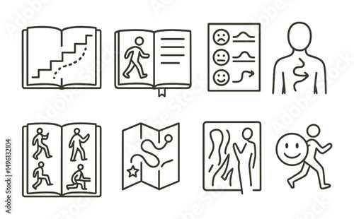 Line style icons of movement journaling and reflection: step pattern journal page, “how I moved” sketch, emotional movement tracker, body story diagram, daily pose log, “my energy path” map, journal