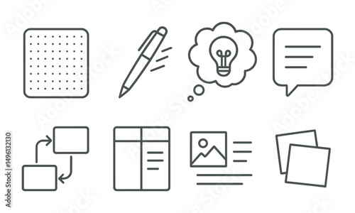 Line style icons of visual thinking tools: blank dotted notebook, pen with motion lines, idea bubble sketch, quick note symbol, arrow between blocks, page layout grid, sketch + text combo, sticky