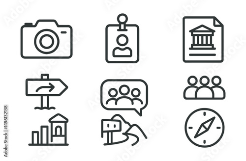 Line style icons of sightseeing and activities: camera icon, tour guide badge, map tag, museum ticket file, hiking trail board, landmark chart, tour group bubble, exploration symbol.