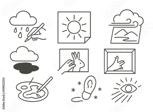 Line style icons of weather as creative partner: rain and drawing hand, sunshine on paper, wind over sketch, fog with watercolor blend, shadow art frame, puddle reflection with sketch, snow trace