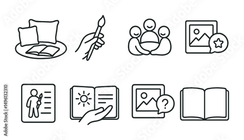 Line style icons of therapist-supported art space: cozy corner with journal, hand offering brush, trust circle icon, feedback + art combo, draw with support card, visual journal prompt, open-ended