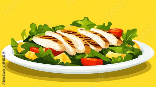 Grilled Chicken Salad with Yellow Background.