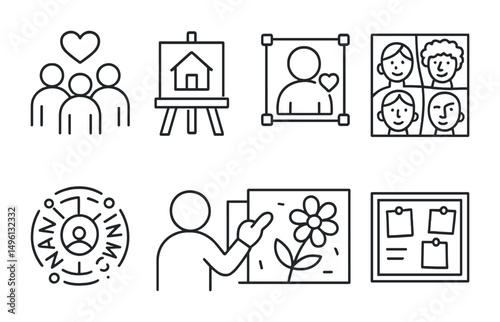 Line style icons of creativity and belonging: draw your community symbol, color our shared space, “I matter here” icon, lines that connect us frame, inclusive expression collage, circle of names and