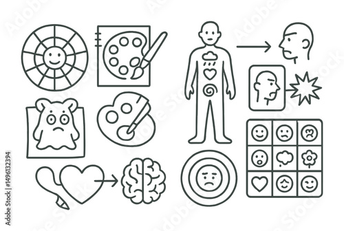 Line style icons of emotion literacy through art: feelings wheel + sketch combo, “match color to mood” icon, body map with symbols, emotion and reaction sketch, draw your emotion creature, heart and