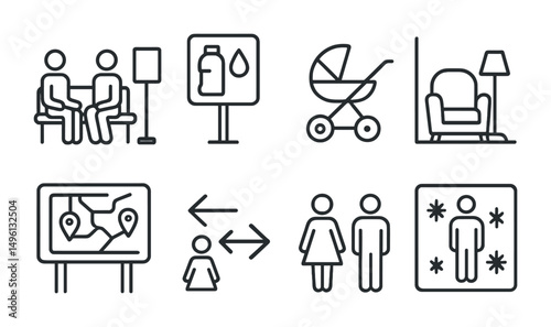 Line style icons of visitor-friendly features: seating near stand, water refill station sign, stroller space symbol, “rest zone” corner icon, festival map board, arrows to restrooms, kids welcome