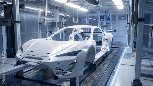 A white car chassis on a production line in a modern industrial factory with advanced technology