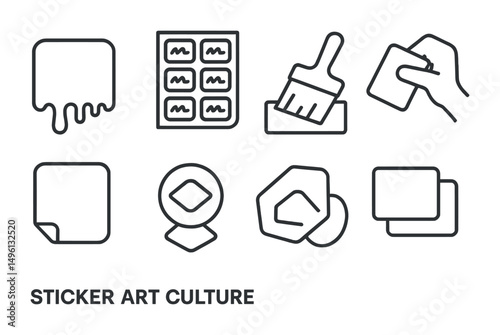 Line style icons of sticker art culture: sticker with drip edge, sheet of cut tags, paste symbol, hand with sticker, slap tag icon, bold shape sticker, custom logo mark, overlap sticker layout.
