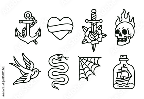 Line style icons of classic tattoo designs: anchor with rope, heart and banner, dagger through rose, skull with flame, flying swallow, snake in coil, spider web corner, ship in bottle.