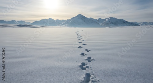 Winter landscape photography of arctic mountains with snow and footprints in the cold weather scenery view