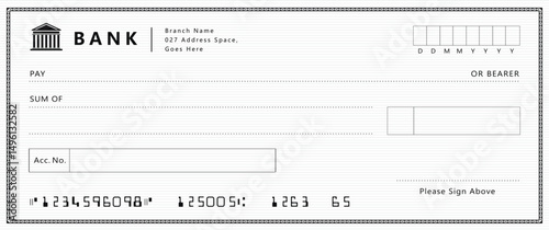 Bank check, vector blank money cheque, checkbook template with guilloche pattern and fields. Currency payment coupon, money check background