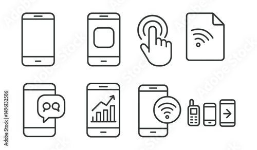Line style icons of mobile technology: smartphone icon, mobile app badge, touch screen tag, mobile network file, communication app board, mobile device chart, mobile connectivity bubble, smartphone