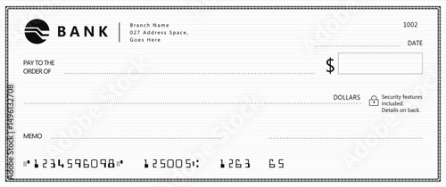 Bank check, vector blank money cheque, checkbook template with guilloche pattern and fields. Currency payment coupon, money check background