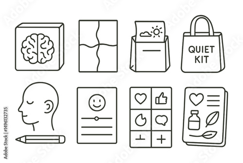 Line style icons of everyday mental health tools: “how’s your brain?” box, color before test page, “draw the day” lunch note, quiet kit in bag, breathe-with-pencil routine, quick mood mark page,