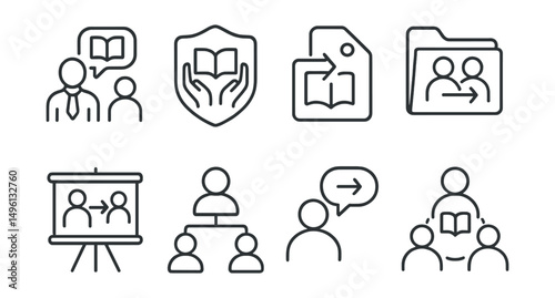 Line style icons of knowledge transfer: mentor icon, knowledge sharing badge, instruction tag, collaborative learning file, information exchange board, mentorship chart, guidance bubble, learning