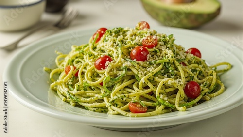 Wallpaper Mural Delicious avocado pasta with spiralized zucchini in pesto sauce topped with cherry tomatoes Fresh and vibrant vegetarian meal option Torontodigital.ca