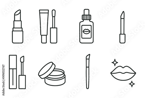 Line style icons of lip makeup products: lipstick bullet, lip gloss tube, lip liner pencil, lip tint bottle, matte liquid lip, balm in pot, angled lip brush, lip plumper icon.