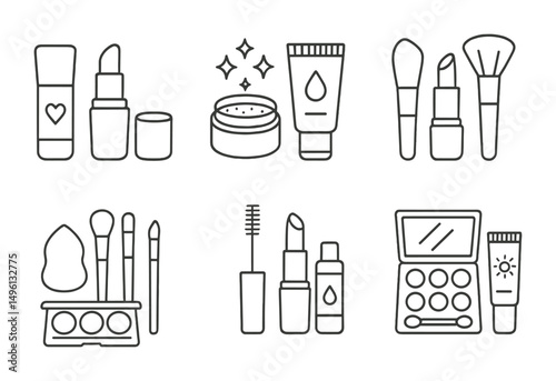 Line style icons of makeup for different occasions: school day minimal set, festival glitter icon, prom glam sketch, wedding soft glam, stage-ready makeup tools, holiday red lip set, beachproof