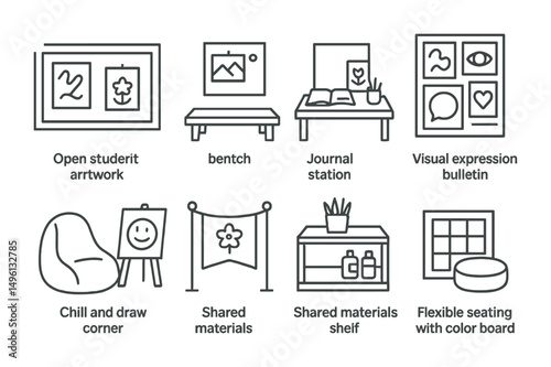 Line style icons of inclusive creative zones in schools: open wall for student art, sketch bench in corridor, journal station in classroom, visual expression bulletin, chill and draw corner, art for