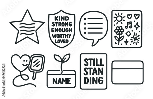 Line style icons of visual affirmations and self-worth: star with “I am” text lines, shield of kind words, “what I like in me” bubble, affirmation doodle page, heart + mirror sketch, plant growing