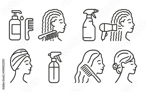 Line style icons of hair styling routines: wash day tools, detangle and section icon, heat and protect steps, define and dry method, sleep wrap routine, style refresh spritz, comb through style,