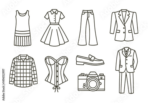 Line style icons of fashion history references: 1920s flapper dress, 1950s circle skirt, 1970s bell bottoms, 1980s shoulder pads, 1990s grunge icon, corset sketch, vintage loafer, old camera + outfit