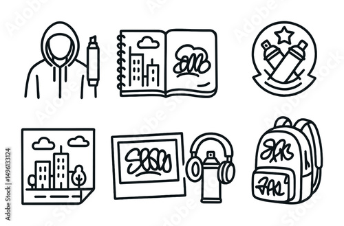 Line style icons of street art culture: hoodie and marker symbol, urban sketchbook, sticker bomb tag, art crew badge, city mural plan, photo of a wall, headphones + spray icon, tagged backpack.