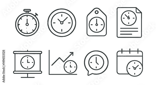 Line style icons of exam timing: countdown timer icon, start time badge, exam clock tag, time limit file, exam duration board, timing chart, finish time bubble, deadline symbol.
