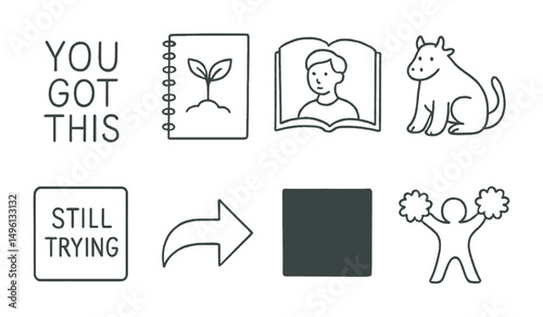 Line style icons of encouragement through drawing: “you got this” in lines, sketch your hope icon, future self page, gentle strength creature, “still trying” card, one word to keep going, bravery
