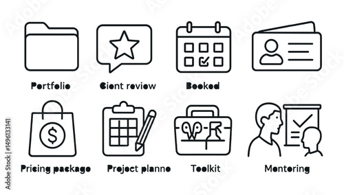 Line style icons of stylist career and growth: portfolio folder icon, client review star, booked calendar, business card sketch, pricing package icon, content creation plan, stylist toolbox, mentor
