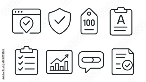 Line style icons of exam results tracking: result tracking icon, exam progress badge, score record tag, achievement file, test record board, comparison chart, progress bar bubble, exam performance