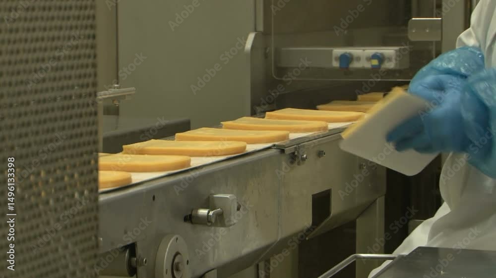 close-up cheese line at food processing plant. Dairy products at conveyor belt. Automated production line