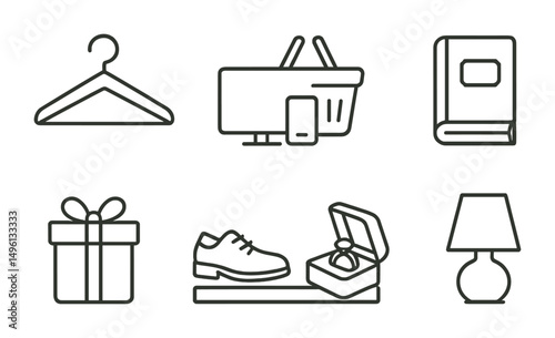 Line style icons of shopping categories: clothing hanger, electronics icon, grocery basket, book with label, toy gift box, shoe display, jewelry case, home decor object.