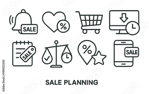 Line style icons of sale planning: sale alert bell, wishlist + discount symbol, cart and clock combo, price drop monitor, sale strategy notes, compare and wait icon, loyalty discount tracker, app