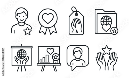Line style icons of volunteer recognition: volunteer icon, community service badge, helping hands tag, social good file, humanitarian work board, charity recognition chart, volunteer effort bubble,