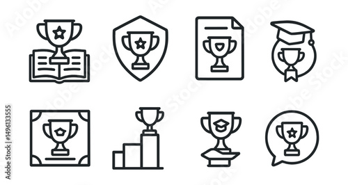 Line style icons of academic trophies: academic achievement icon, school trophy badge, scholar cup tag, student excellence file, graduation award board, top student chart, academic success bubble,