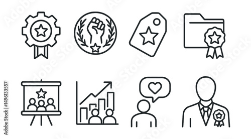 Line style icons of public service awards: service icon, civic engagement badge, public recognition tag, government award file, social impact board, community work chart, volunteer service bubble,