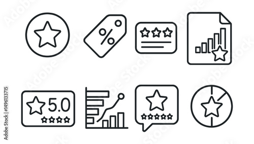 Line style icons of review score breakdown: score icon, percentage badge, detailed rating tag, analysis report file, rating points board, score distribution chart, average rating bubble, performance