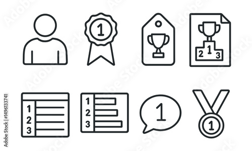 Line style icons of sports leaderboards: athlete icon, race ranking badge, performance trophy tag, event leaderboard file, competition standings board, sports score chart, race results bubble, sports