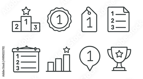 Line style icons of competition rankings: contest rank icon, competition score badge, prize-winning tag, contest standings file, prize board, competition results chart, contest placement bubble,