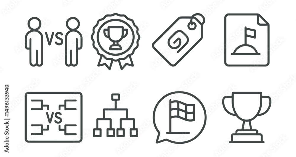 Line style icons of final tournament rounds: final match icon, grand prize badge, last round tag, final stage file, final battle board, showdown chart, closing bubble, championship symbol. Line style icons of final tournament rounds: final match icon, grand prize badge, last round tag, final stage file, final battle board, showdown chart, closing bubble, championship symbol.