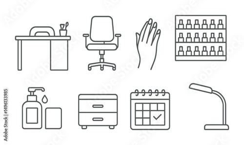 Line style icons of salon manicure station: manicure table setup, nail technician chair, client hand pose, polish wall rack, sanitizer station, tool drawer icon, booking calendar, LED light arm.