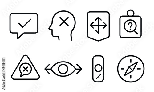 Line style icons of confirmation bias awareness: content match bubble, avoid self-confirm icon, “all sides” badge, question your feed tag, content disagreement alert, open perspective symbol, show
