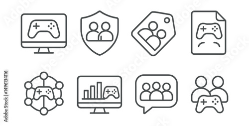 Line style icons of multiplayer gaming: online game icon, player versus player badge, team play tag, multiplayer match file, connection board, shared screen chart, game lobby bubble, cooperative