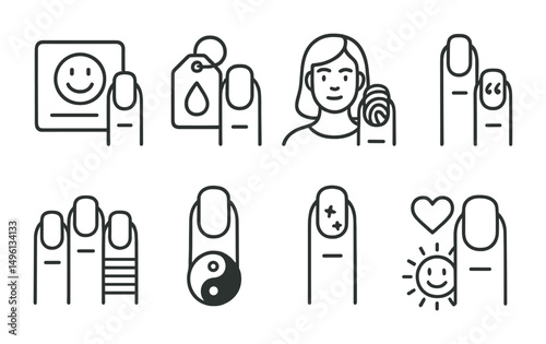 Line style icons of self-expression through nails: mood-based design card, favorite color tag, nails as identity sketch, quote on accent nail, pride flag manicure, “my vibe” art icon, themed nail