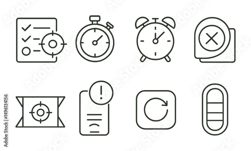 Line style icons of anti-distraction workflows: checklist focus icon, deep work timer, break time alarm, single-task icon, stay focused banner, avoid scroll warning, repeat-free app badge,
